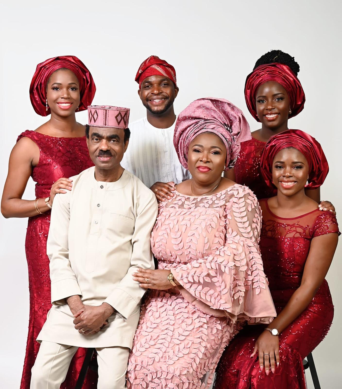 Oye with her family in coordinated traditional attire.